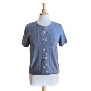 Alfred Dunner Periwinkle Blue Short Sleeve Ribbed Sweater Embroidered Beaded MP